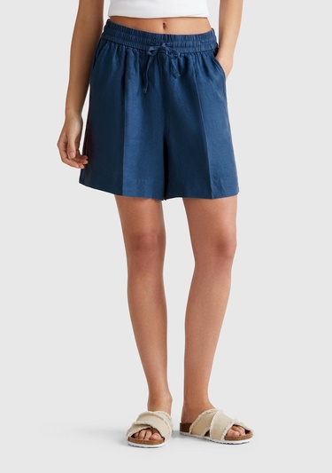  Kadın Denim %100 Keten Büzgü İpli Cepli Bermuda Şort