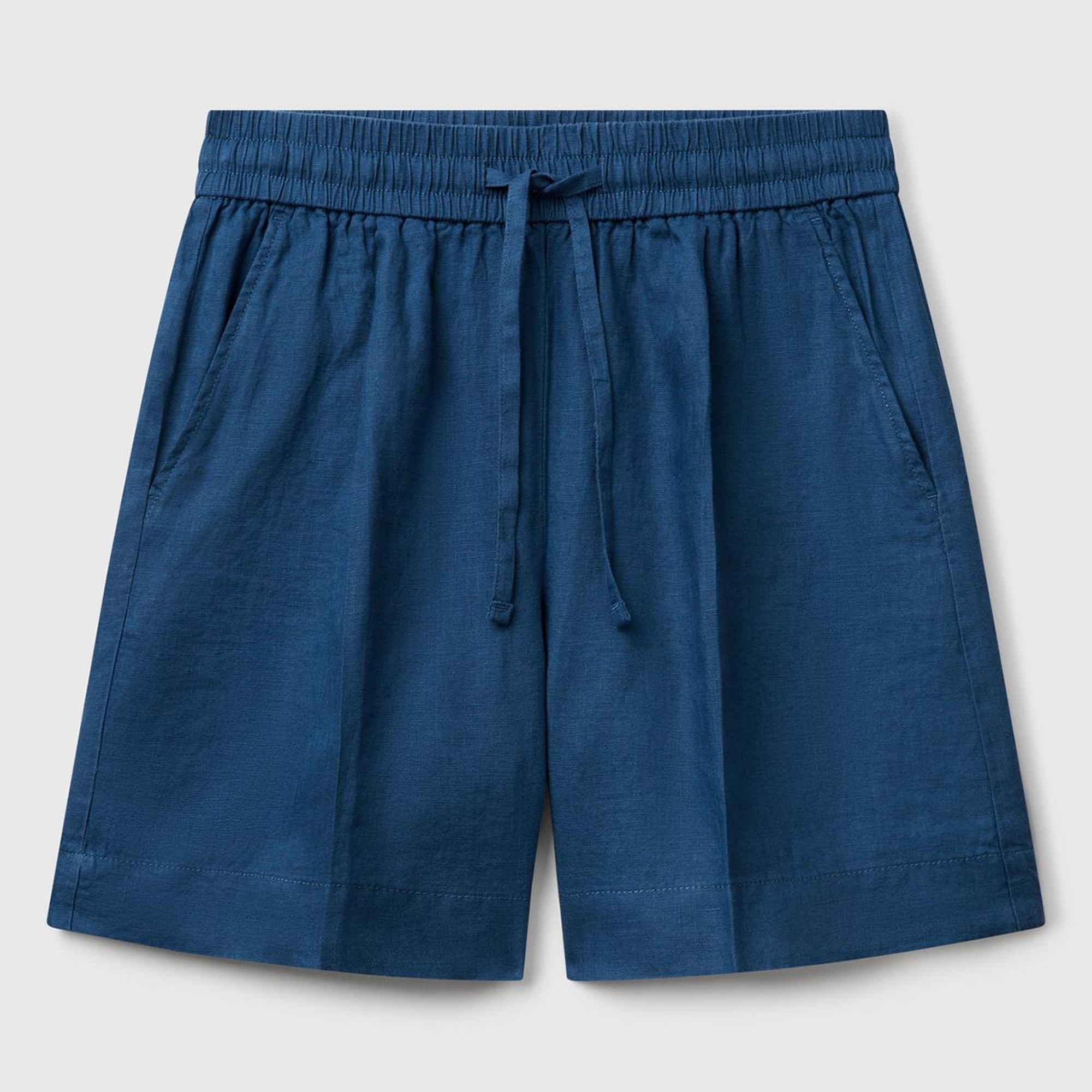 Kadın Denim %100 Keten Büzgü İpli Cepli Bermuda Şort