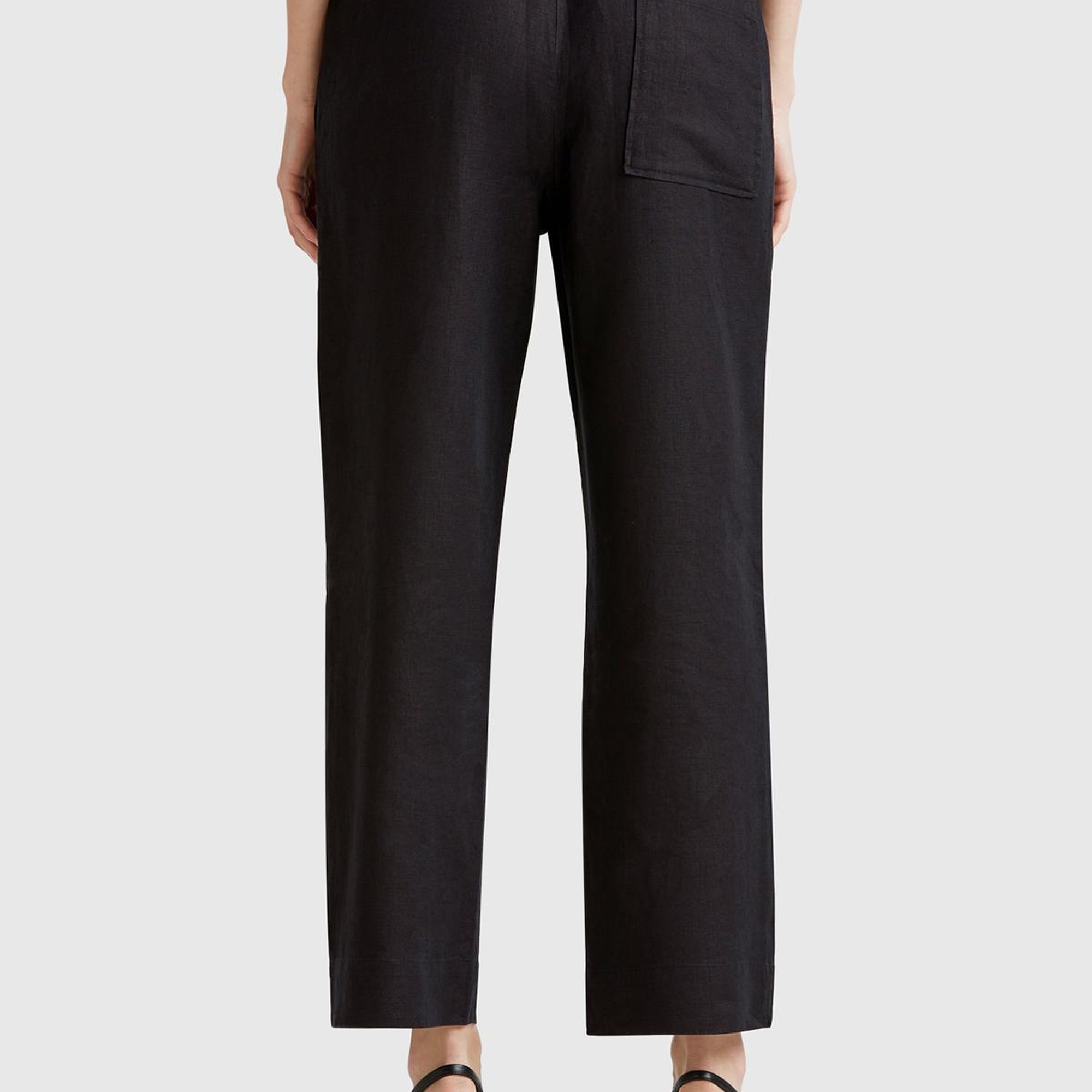 Kadın Siyah %100 Keten Büzgü İpli Cepli  Pantolon