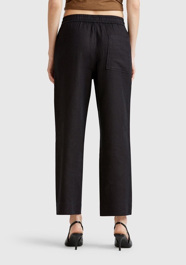  Kadın Siyah %100 Keten Büzgü İpli Cepli  Pantolon