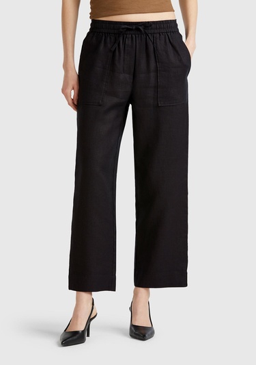  Kadın Siyah %100 Keten Büzgü İpli Cepli  Pantolon