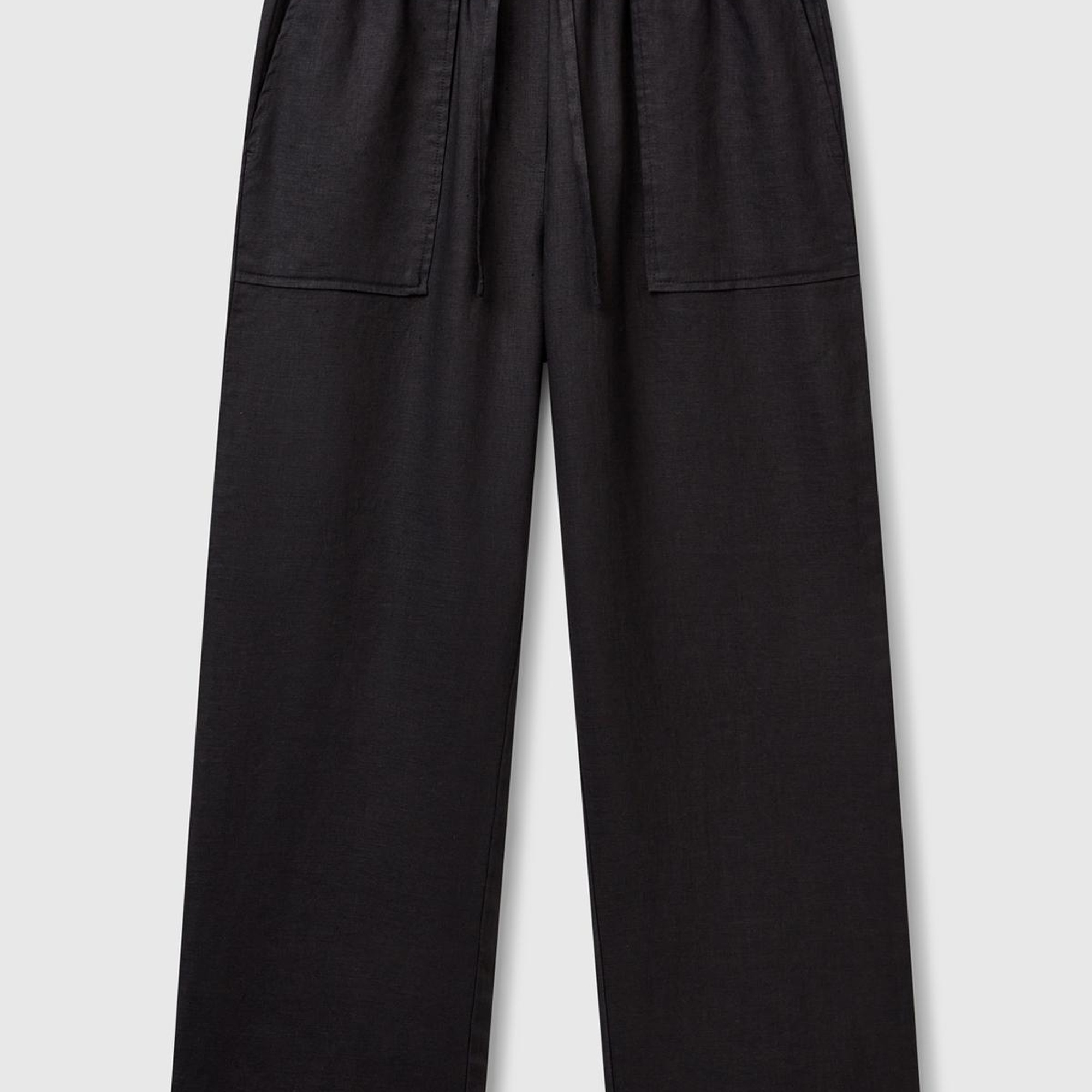 Kadın Siyah %100 Keten Büzgü İpli Cepli  Pantolon