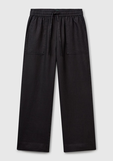  Kadın Siyah %100 Keten Büzgü İpli Cepli  Pantolon