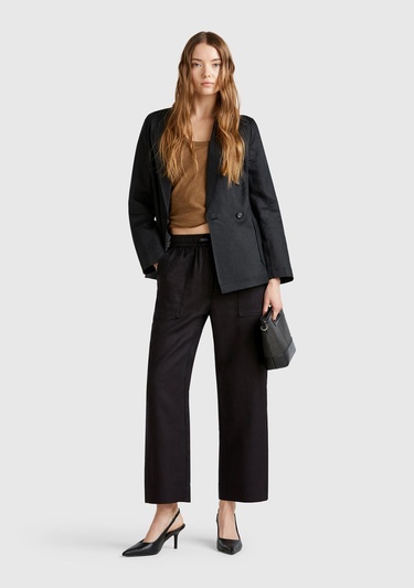  Kadın Siyah %100 Keten Büzgü İpli Cepli  Pantolon