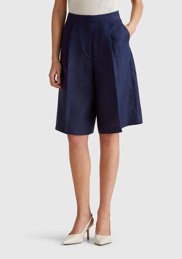  Kadın Lacivert Keten Karışımlı Diz Üstü Bermuda Şort