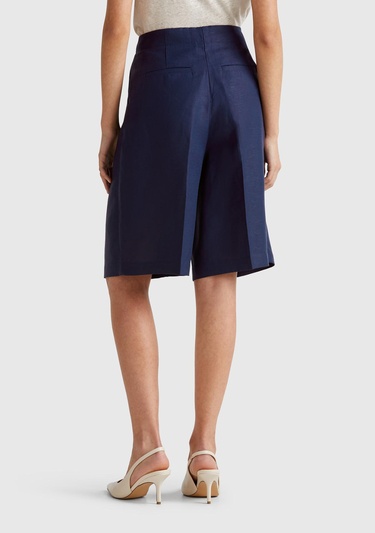  Kadın Lacivert Keten Karışımlı Diz Üstü Bermuda Şort