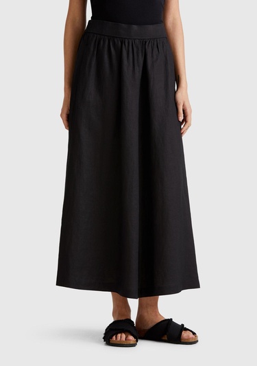  Kadın Siyah %100 Keten Arka Beli Lastikli Pileli Uzun Etek