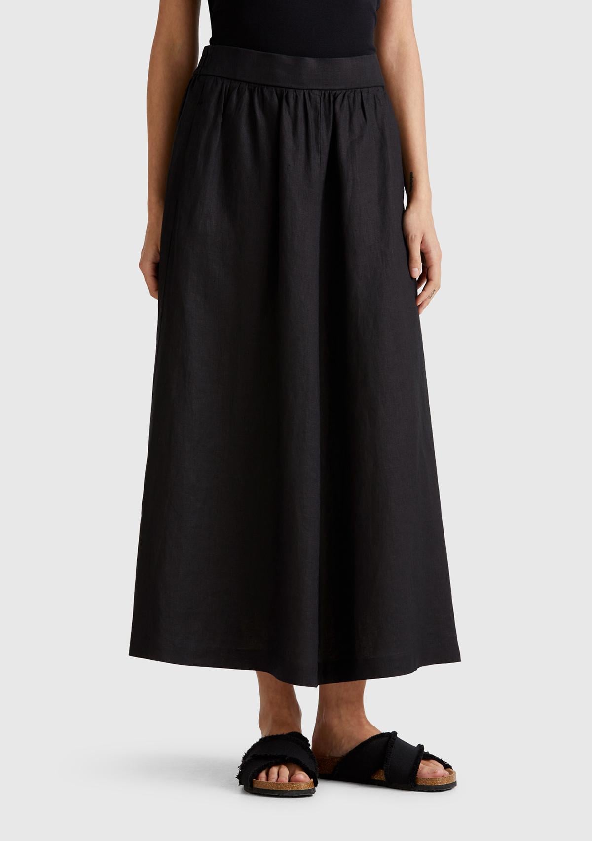  Kadın Siyah %100 Keten Arka Beli Lastikli Pileli Uzun Etek