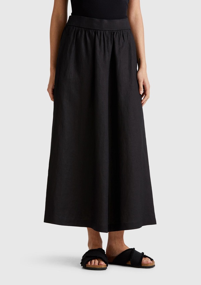  Kadın Siyah %100 Keten Arka Beli Lastikli Pileli Uzun Etek