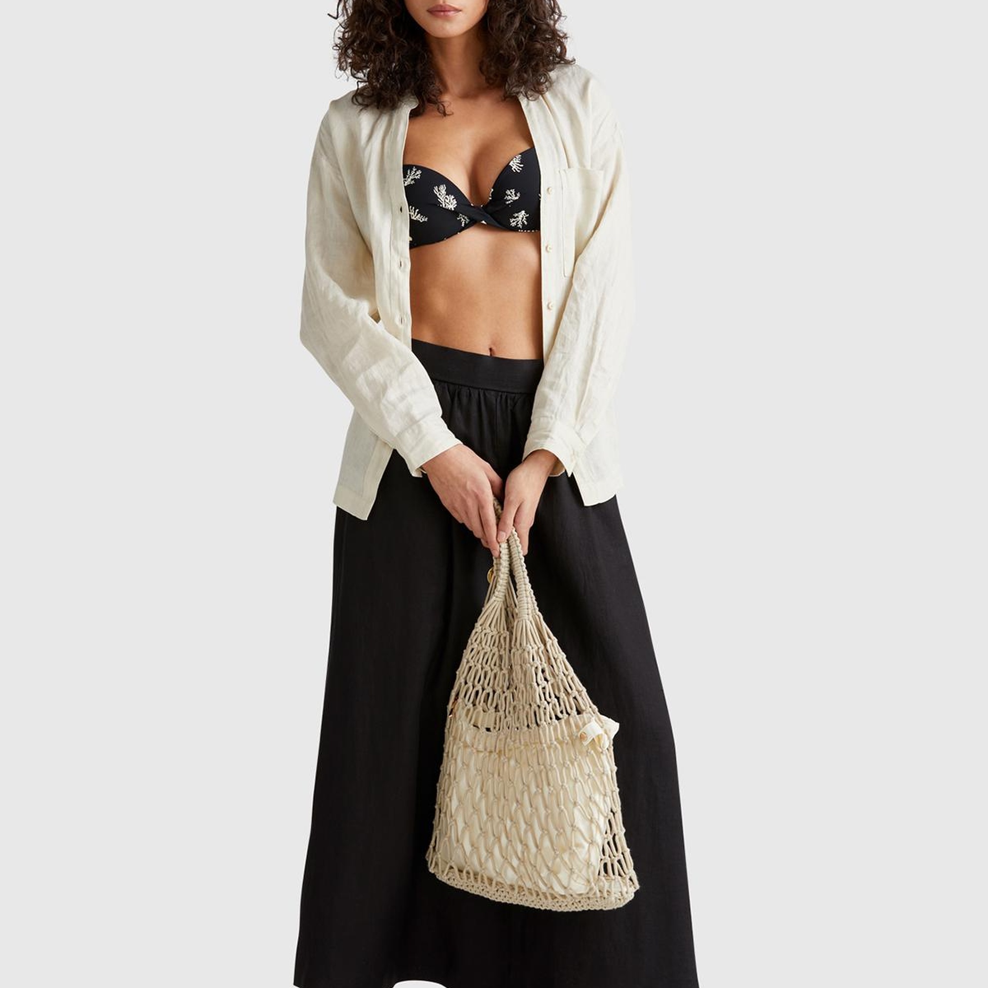 Kadın Siyah %100 Keten Arka Beli Lastikli Pileli Uzun Etek