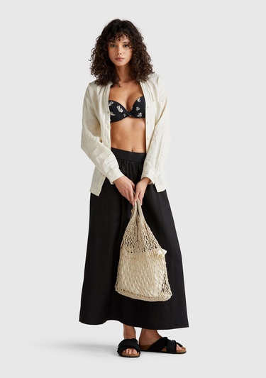  Kadın Siyah %100 Keten Arka Beli Lastikli Pileli Uzun Etek