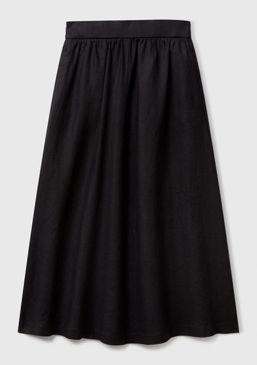  Kadın Siyah %100 Keten Arka Beli Lastikli Pileli Uzun Etek