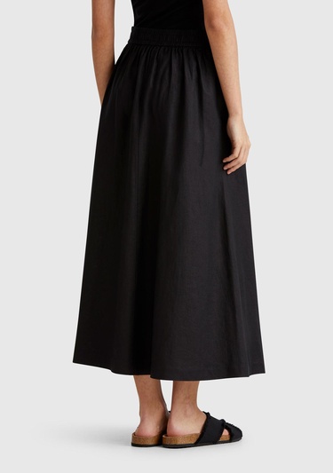  Kadın Siyah %100 Keten Arka Beli Lastikli Pileli Uzun Etek