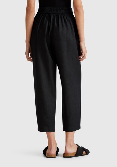  Kadın Siyah %100 Keten Arka Beli Lastikli Paçası Dar Relax Fit Pantolon