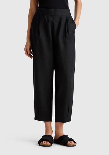  Kadın Siyah %100 Keten Arka Beli Lastikli Paçası Dar Relax Fit Pantolon