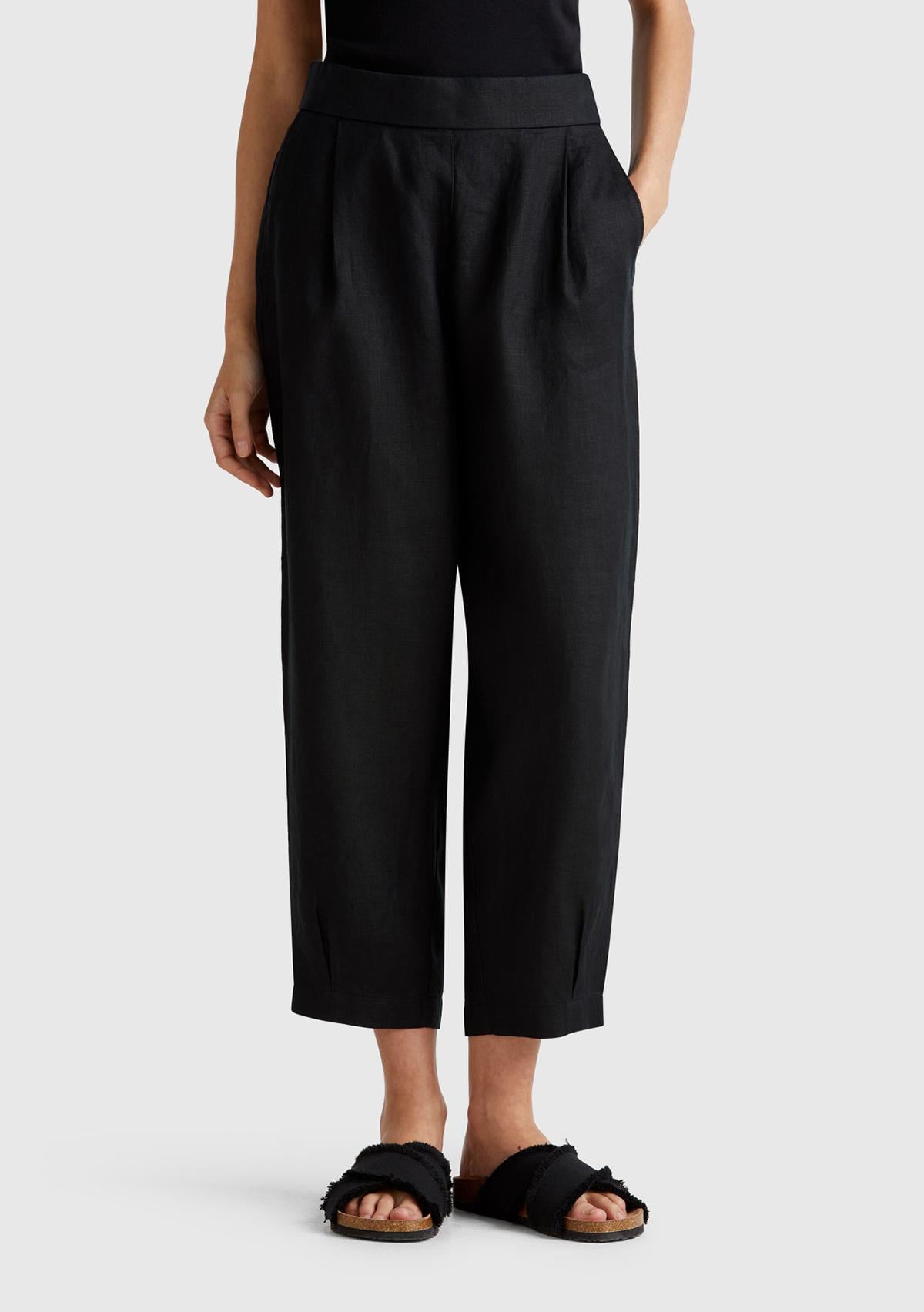  Kadın Siyah %100 Keten Arka Beli Lastikli Paçası Dar Relax Fit Pantolon