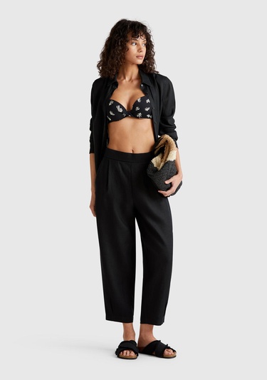  Kadın Siyah %100 Keten Arka Beli Lastikli Paçası Dar Relax Fit Pantolon