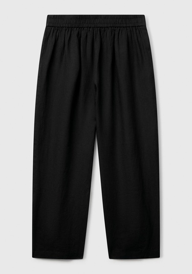  Kadın Siyah %100 Keten Arka Beli Lastikli Paçası Dar Relax Fit Pantolon
