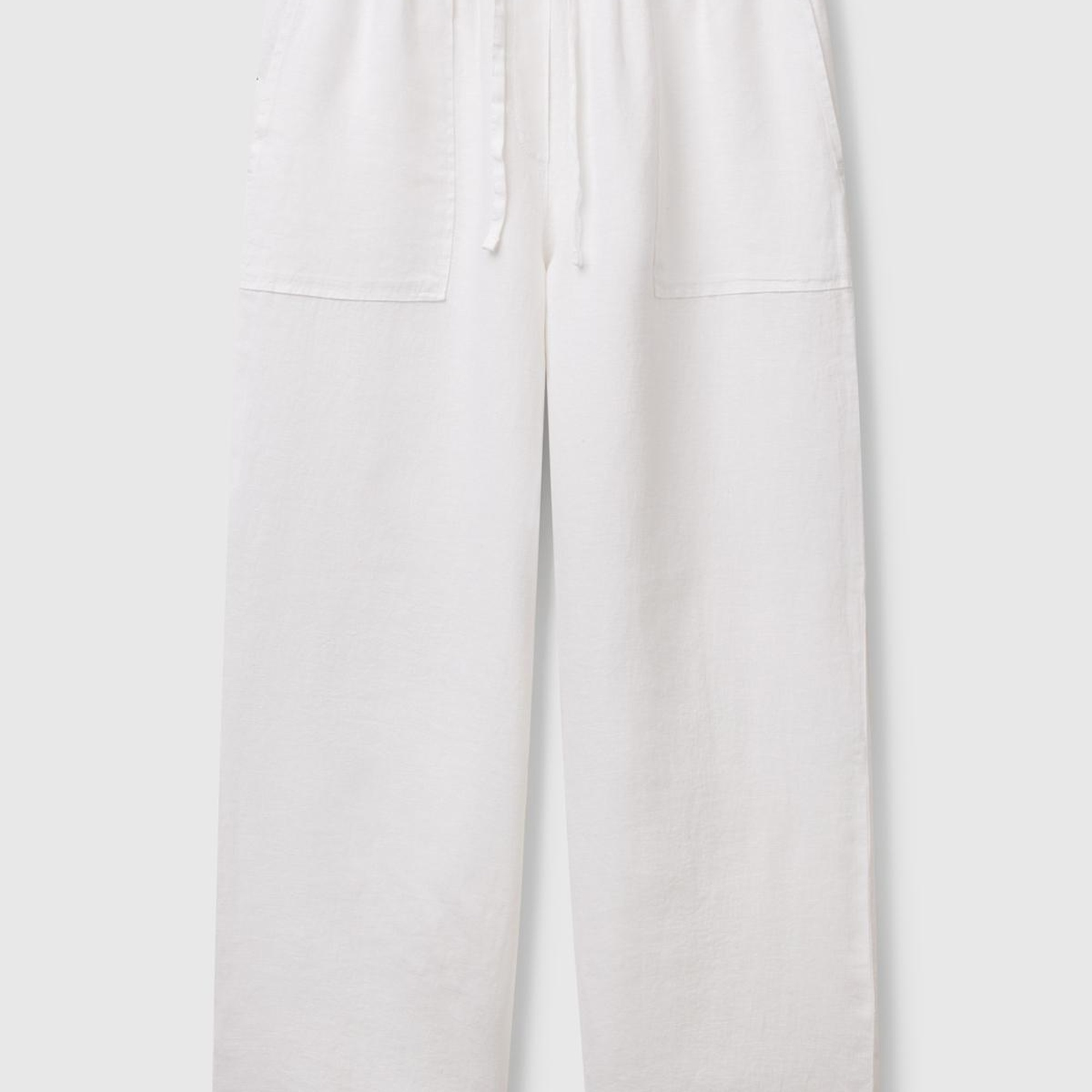 Kadın Beyaz %100 Keten Büzgü İpli Cepli  Pantolon