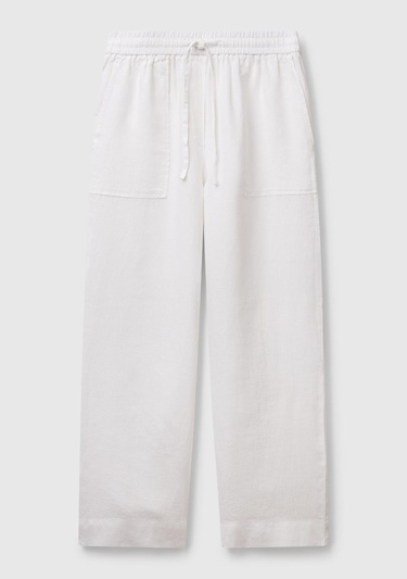  Kadın Beyaz %100 Keten Büzgü İpli Cepli  Pantolon