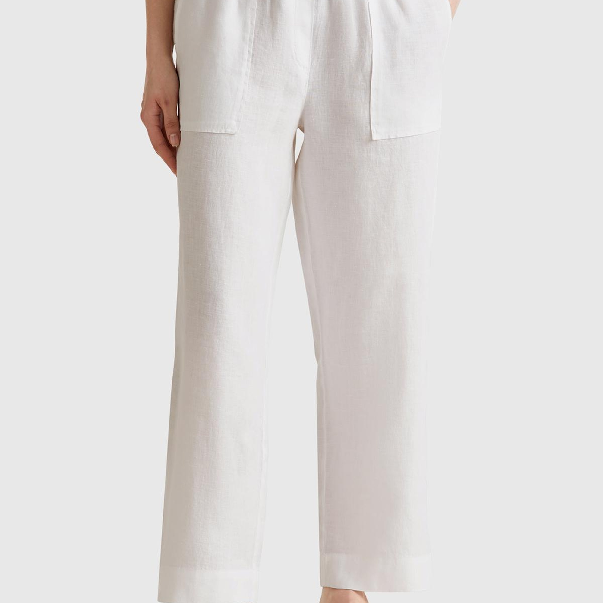 Kadın Beyaz %100 Keten Büzgü İpli Cepli  Pantolon