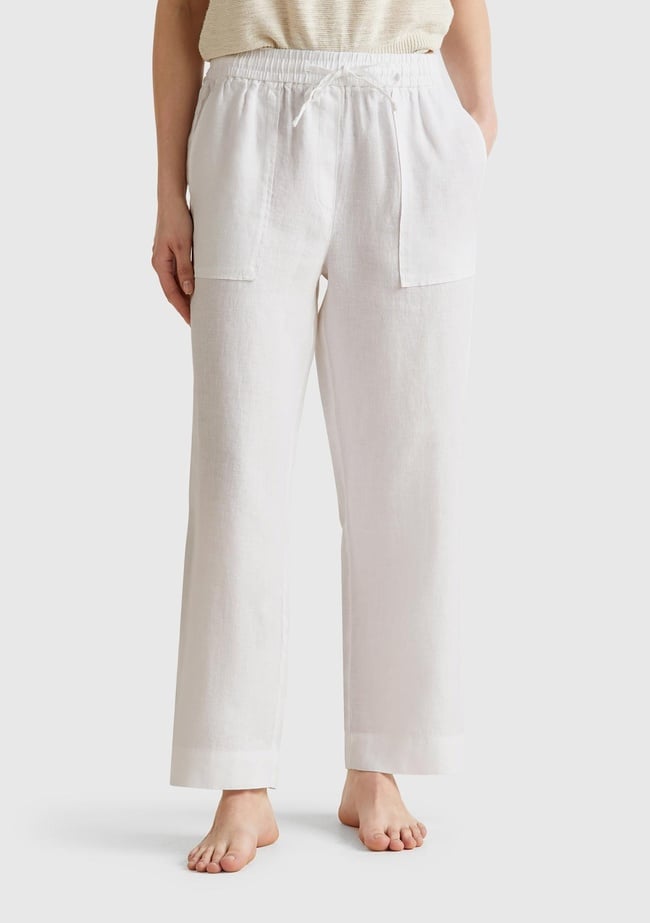  Kadın Beyaz %100 Keten Büzgü İpli Cepli  Pantolon