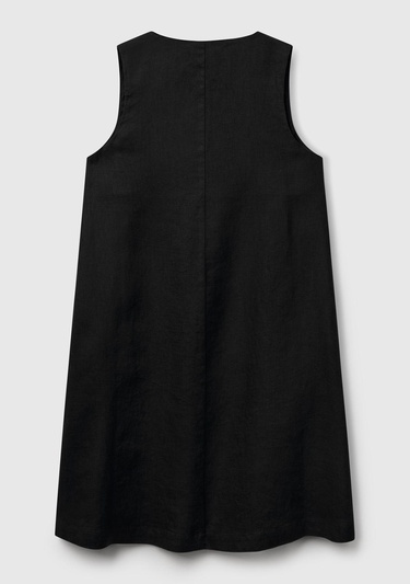  Kadın Siyah %100 Keten Yanı Fermuarlı A Kesim V Yaka Kısa Elbise