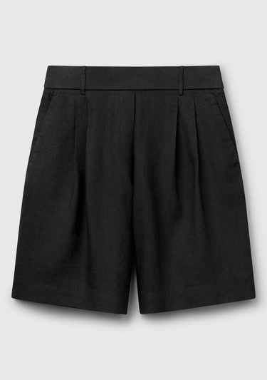  Kadın Siyah %100 Keten Arka Beli Lastikli Pileli Relax Fit Bermuda Şort