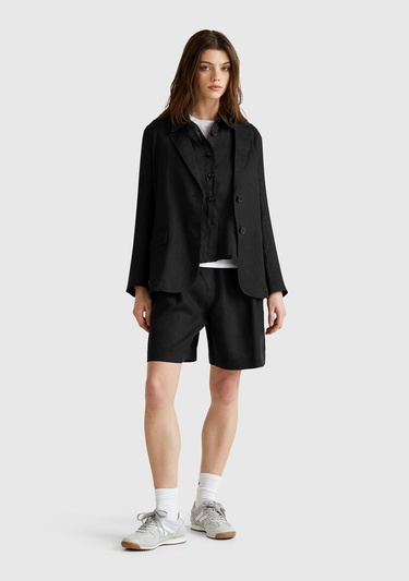 Kadın Siyah %100 Keten Arka Beli Lastikli Pileli Relax Fit Bermuda Şort