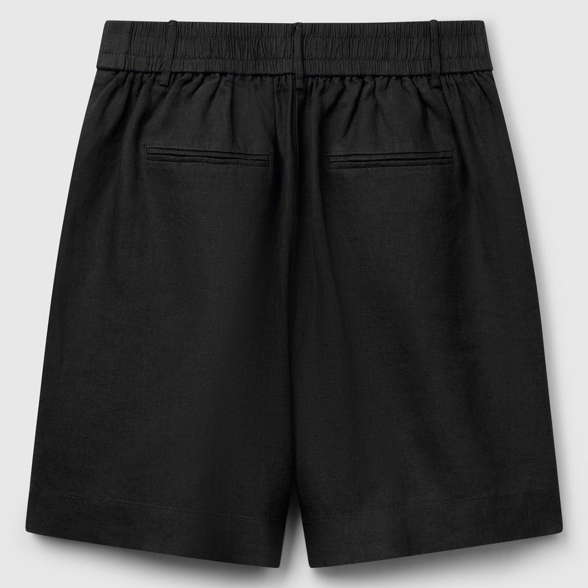 Kadın Siyah %100 Keten Arka Beli Lastikli Pileli Relax Fit Bermuda Şort