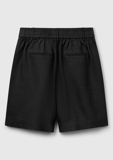  Kadın Siyah %100 Keten Arka Beli Lastikli Pileli Relax Fit Bermuda Şort