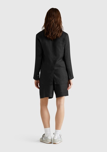  Kadın Siyah %100 Keten Arka Beli Lastikli Pileli Relax Fit Bermuda Şort