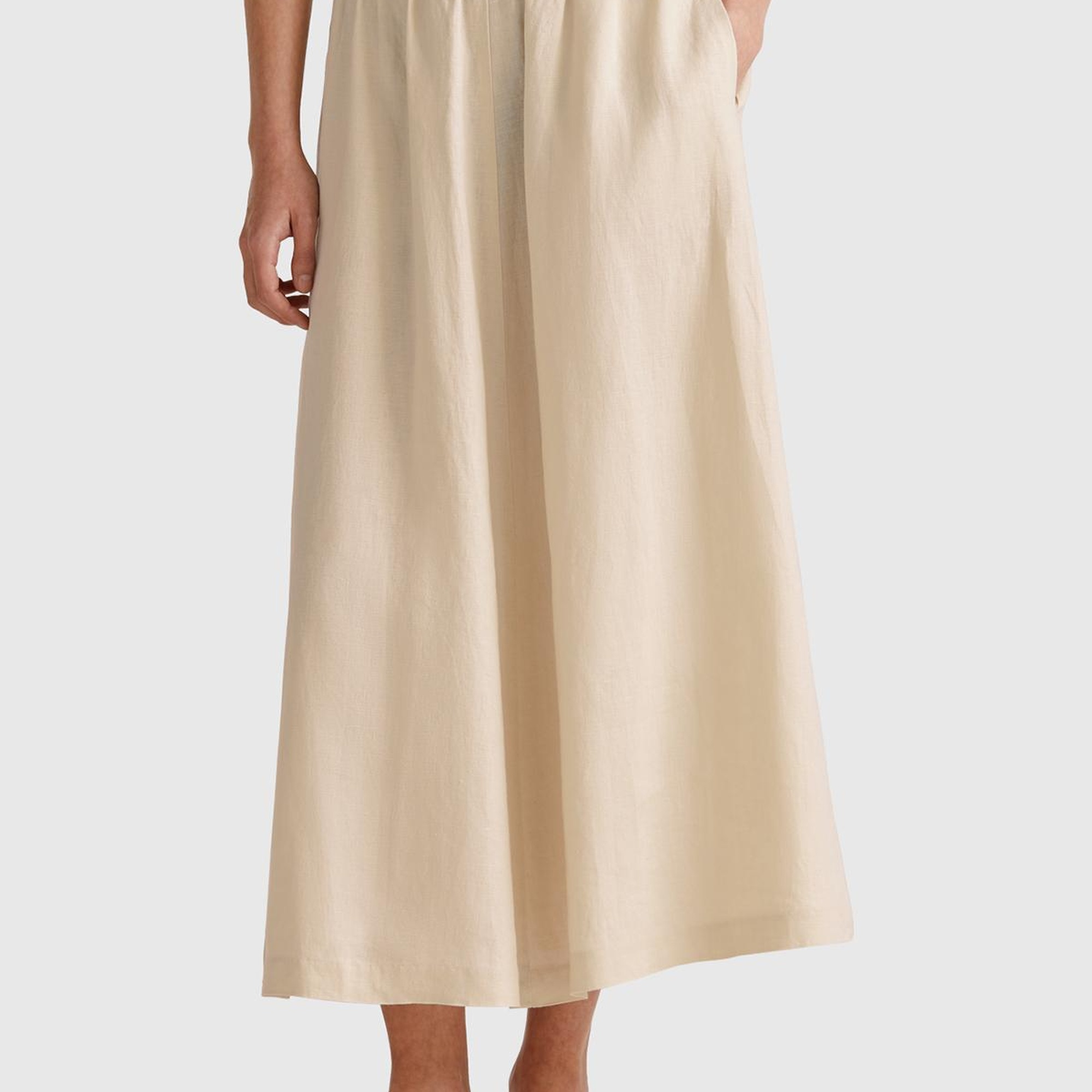 Kadın Taş Rengi %100 Keten Arka Beli Lastikli Pileli Uzun Etek