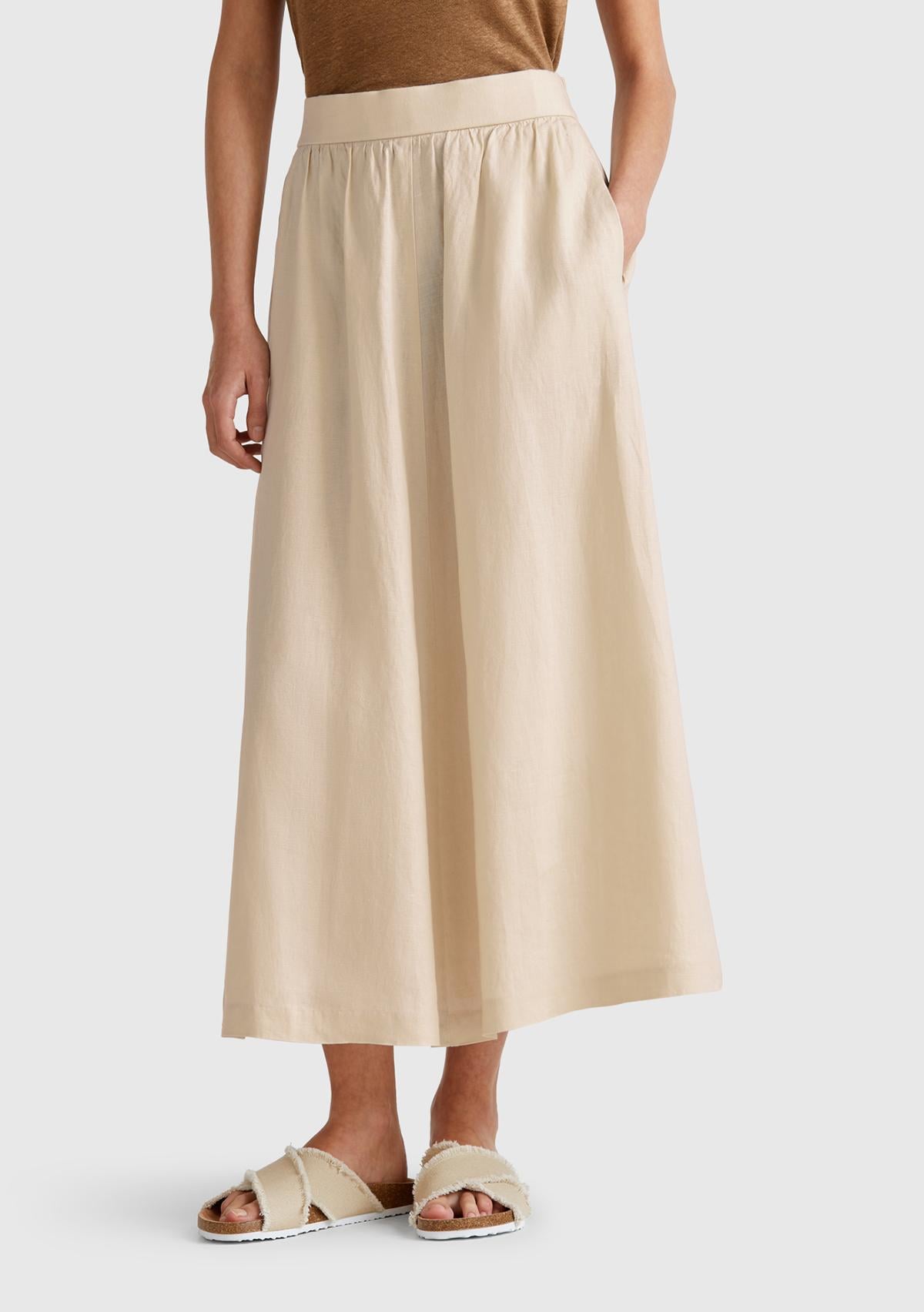  Kadın Taş Rengi %100 Keten Arka Beli Lastikli Pileli Uzun Etek