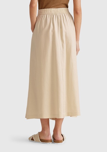  Kadın Taş Rengi %100 Keten Arka Beli Lastikli Pileli Uzun Etek