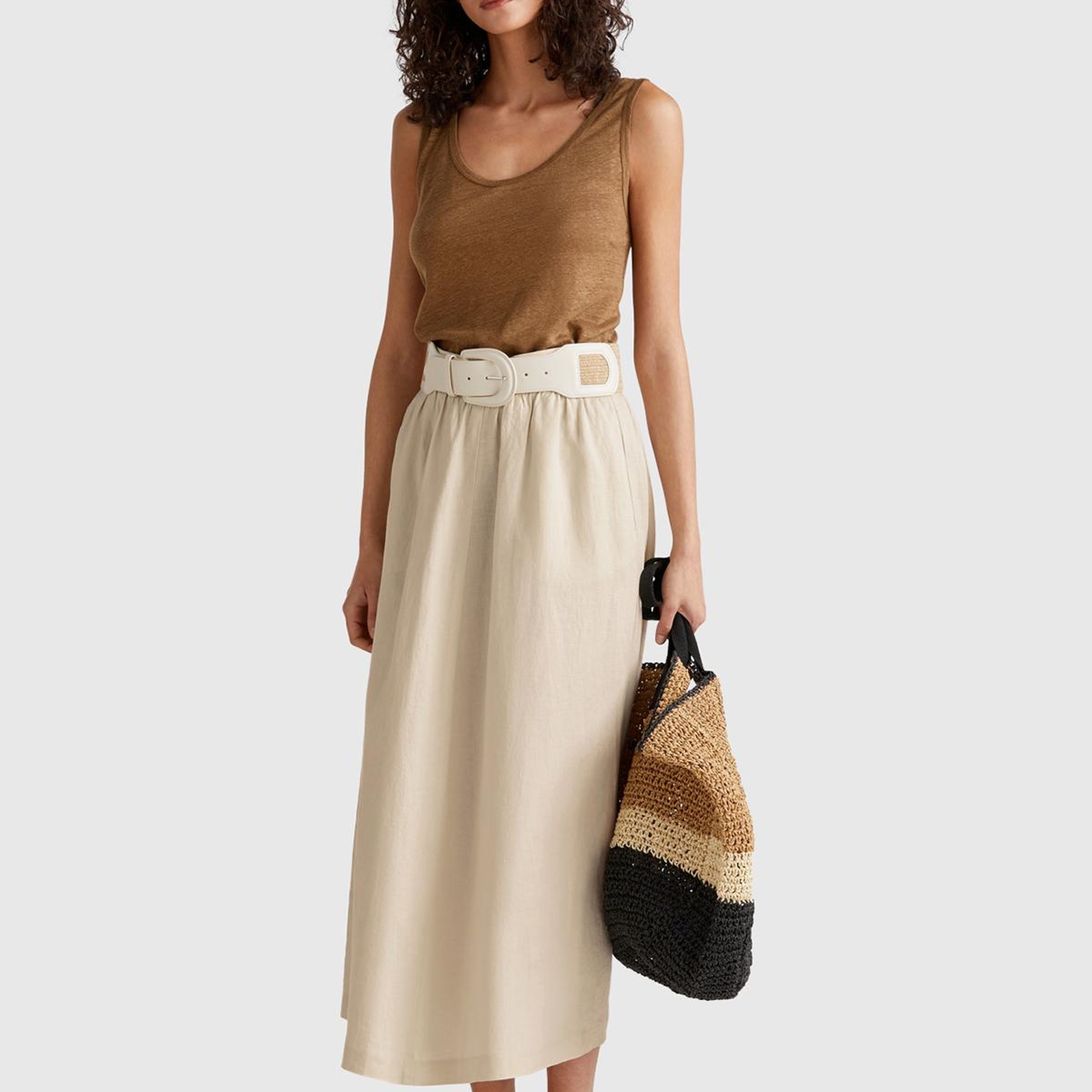 Kadın Taş Rengi %100 Keten Arka Beli Lastikli Pileli Uzun Etek