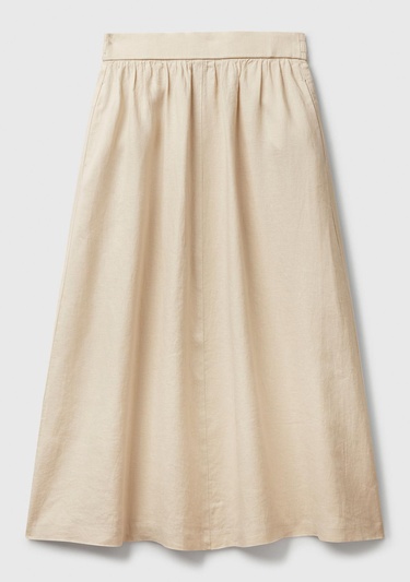  Kadın Taş Rengi %100 Keten Arka Beli Lastikli Pileli Uzun Etek
