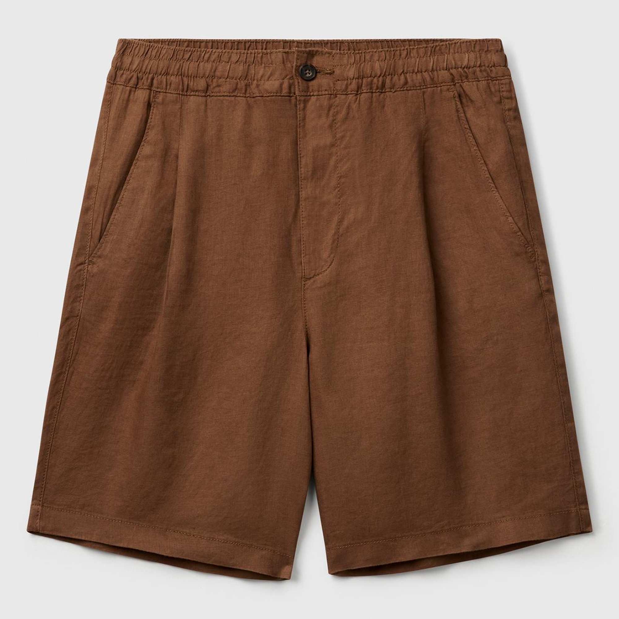 Erkek Kahverengi %100 Keten Büzgü İpli Düğmeli Pile Detaylı Bermuda Şort