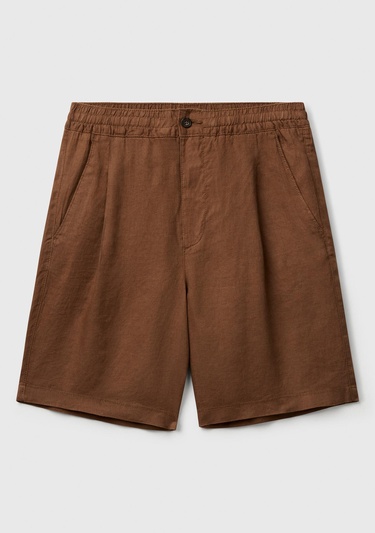  Erkek Kahverengi %100 Keten Büzgü İpli Düğmeli Pile Detaylı Bermuda Şort