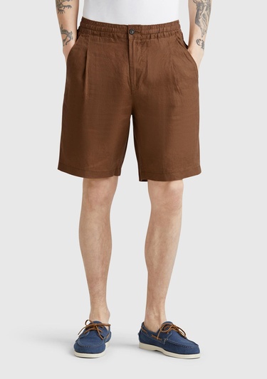  Erkek Kahverengi %100 Keten Büzgü İpli Düğmeli Pile Detaylı Bermuda Şort