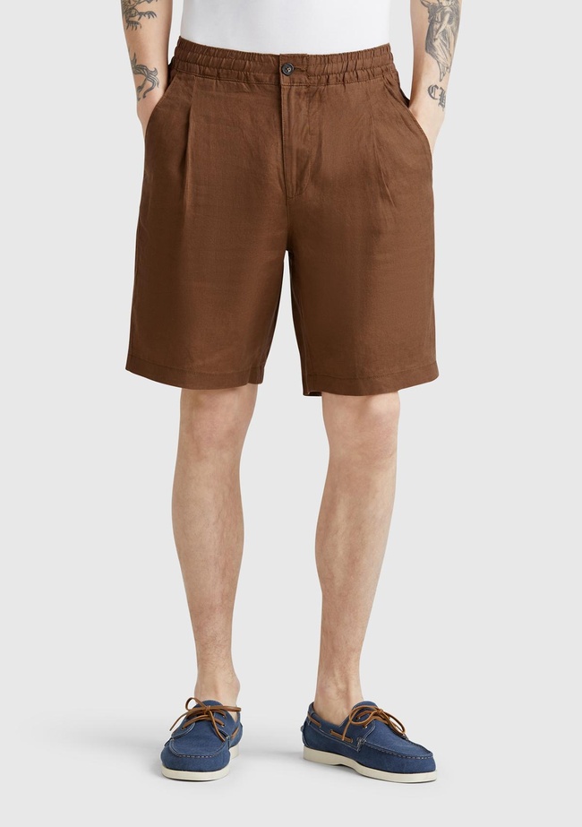  Erkek Kahverengi %100 Keten Büzgü İpli Düğmeli Pile Detaylı Bermuda Şort