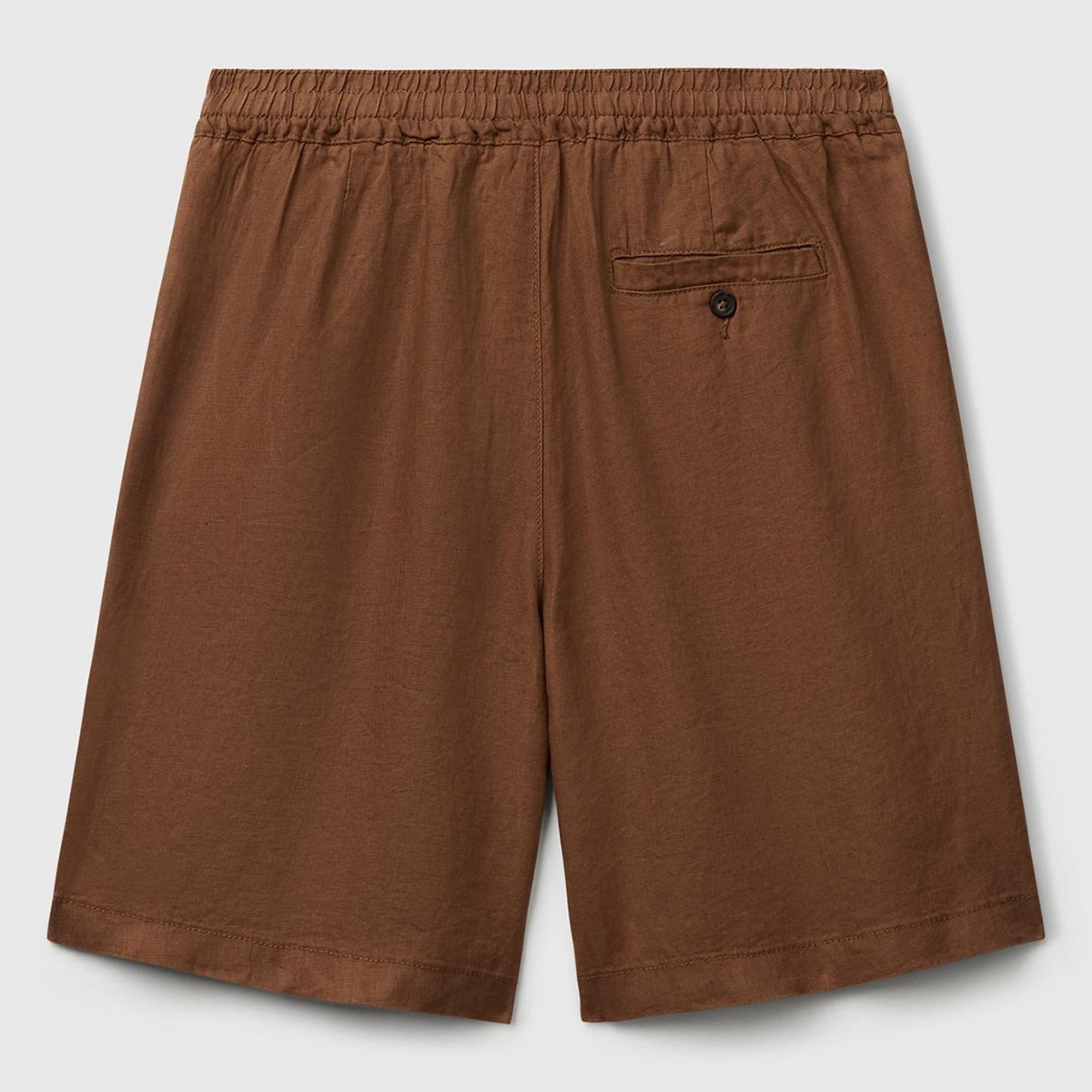 Erkek Kahverengi %100 Keten Büzgü İpli Düğmeli Pile Detaylı Bermuda Şort