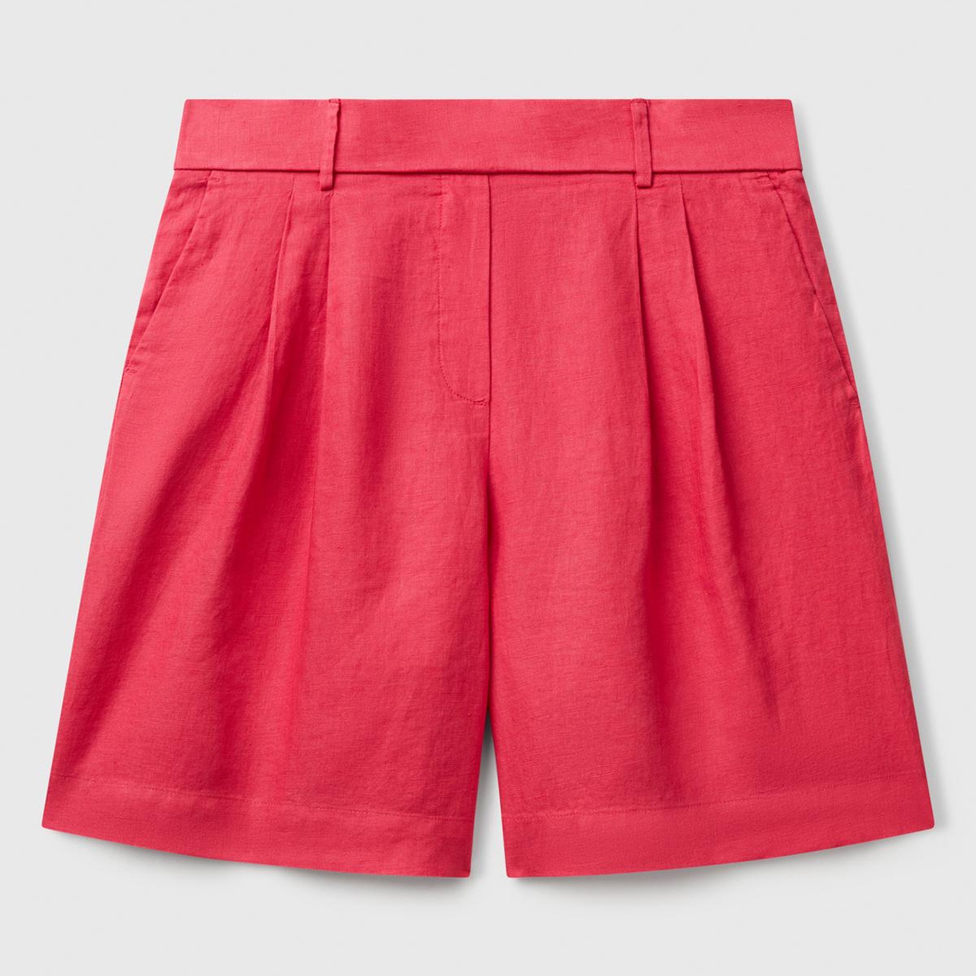 Kadın Fuşya %100 Keten Arka Beli Lastikli Pileli Relax Fit Bermuda Şort