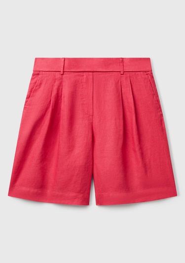  Kadın Fuşya %100 Keten Arka Beli Lastikli Pileli Relax Fit Bermuda Şort