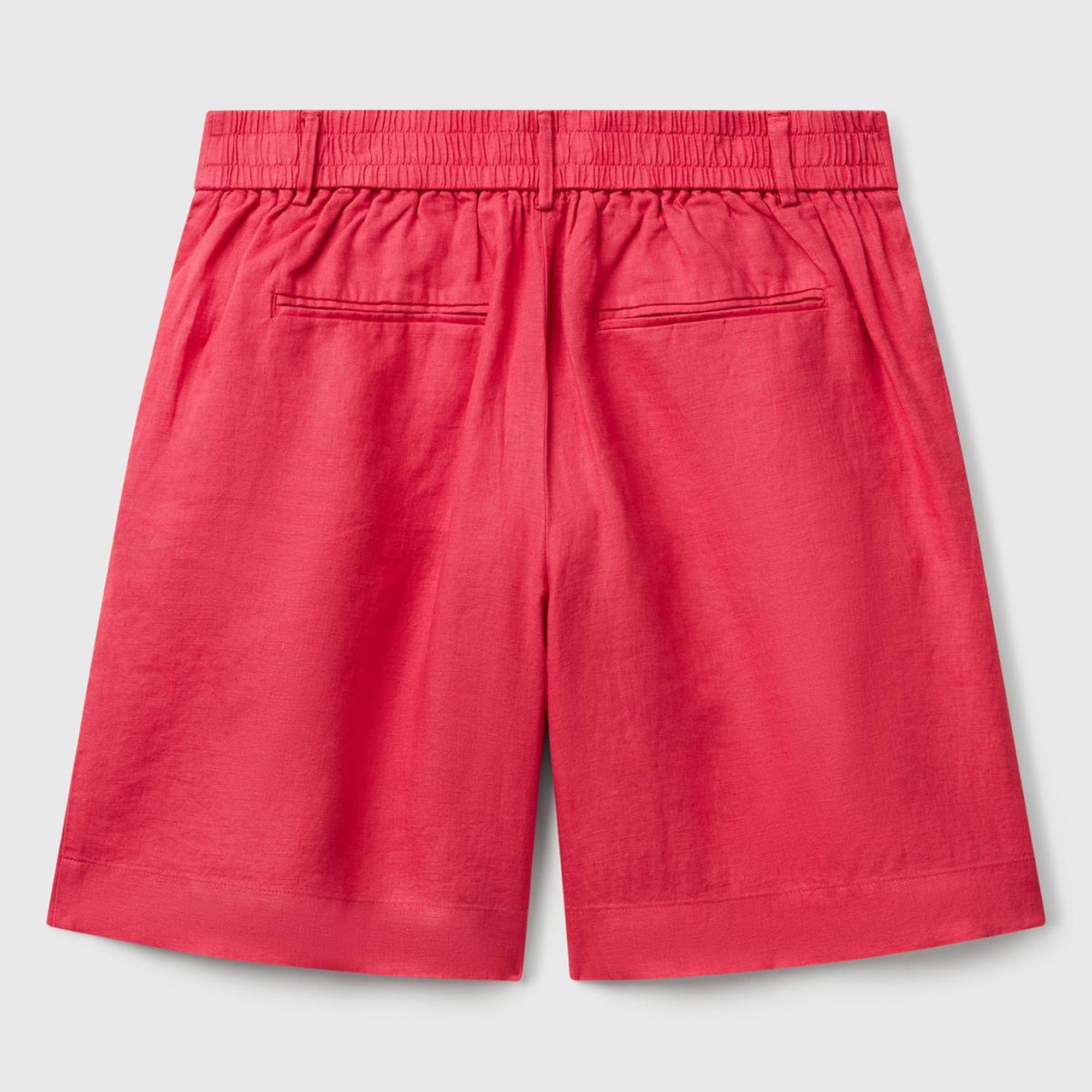 Kadın Fuşya %100 Keten Arka Beli Lastikli Pileli Relax Fit Bermuda Şort