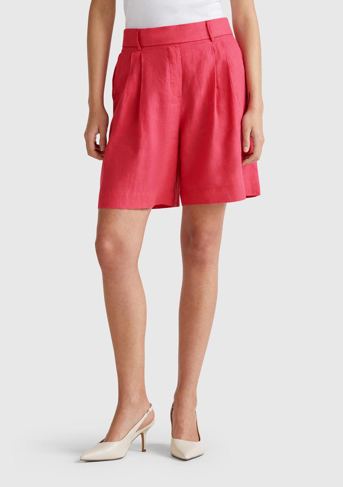  Kadın Fuşya %100 Keten Arka Beli Lastikli Pileli Relax Fit Bermuda Şort