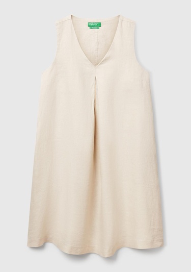  Kadın Taş Rengi %100 Keten Yanı Fermuarlı A Kesim V Yaka Kısa Elbise