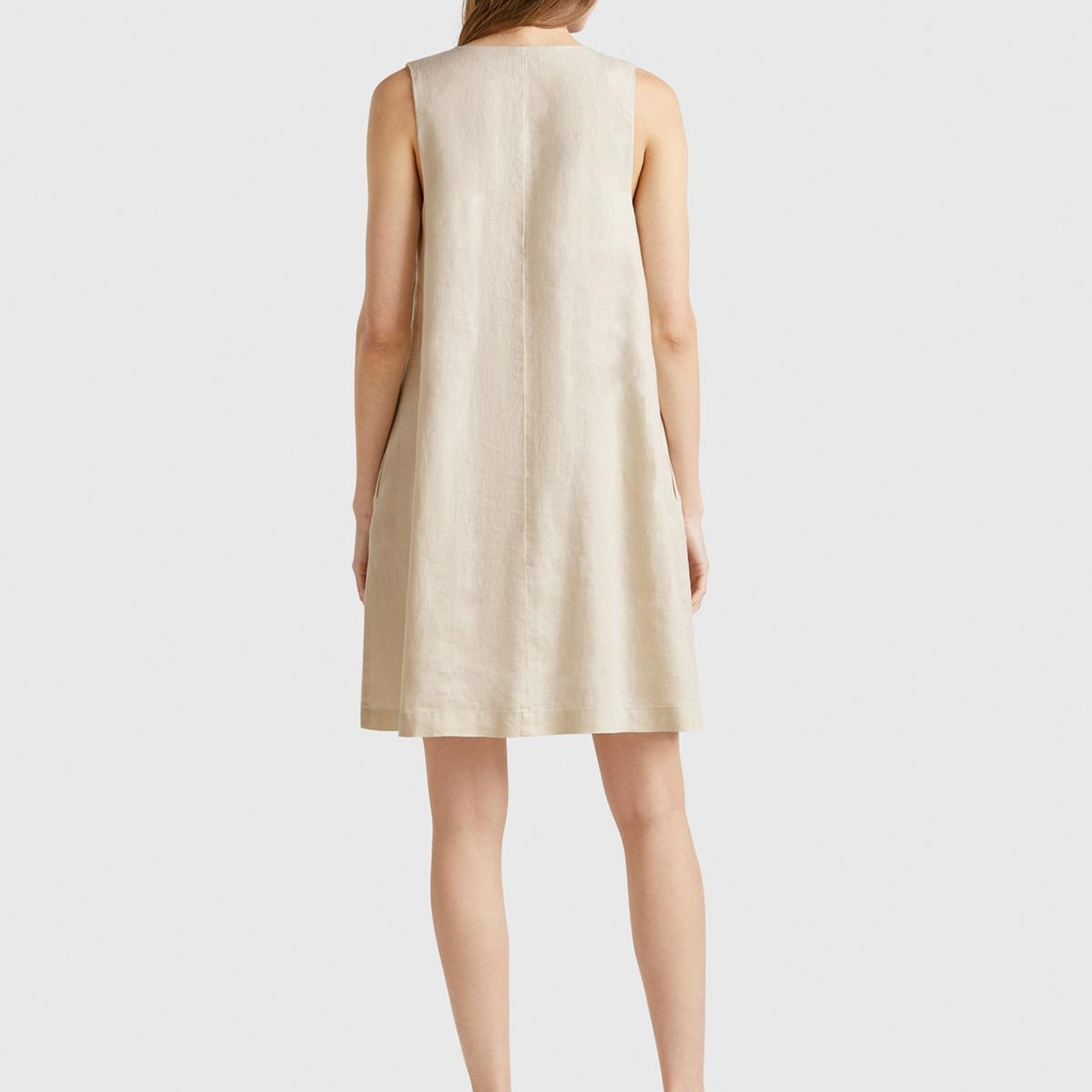 Kadın Taş Rengi %100 Keten Yanı Fermuarlı A Kesim V Yaka Kısa Elbise