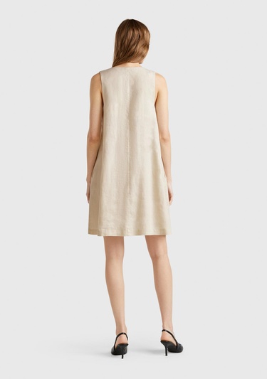  Kadın Taş Rengi %100 Keten Yanı Fermuarlı A Kesim V Yaka Kısa Elbise