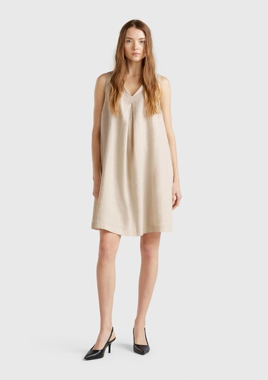  Kadın Taş Rengi %100 Keten Yanı Fermuarlı A Kesim V Yaka Kısa Elbise